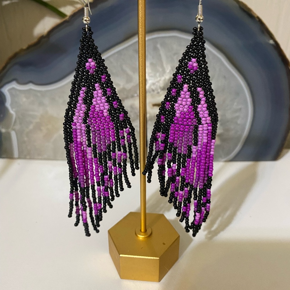 Handcrafted Black & Purple Seed Bead Fringe Earrings